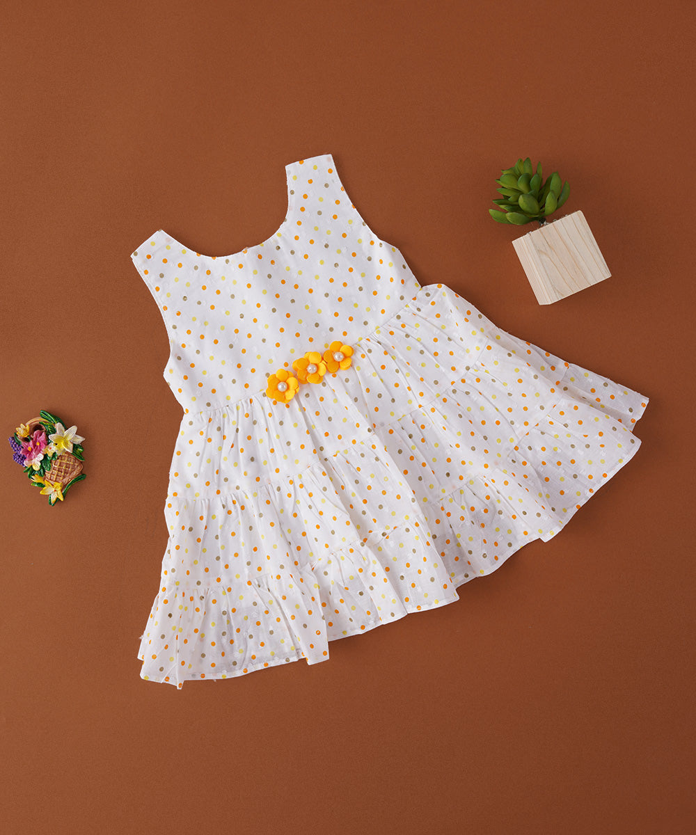 🌼 White Polka Dot Frock with Yellow Floral Waist Design – Elegant Party Wear