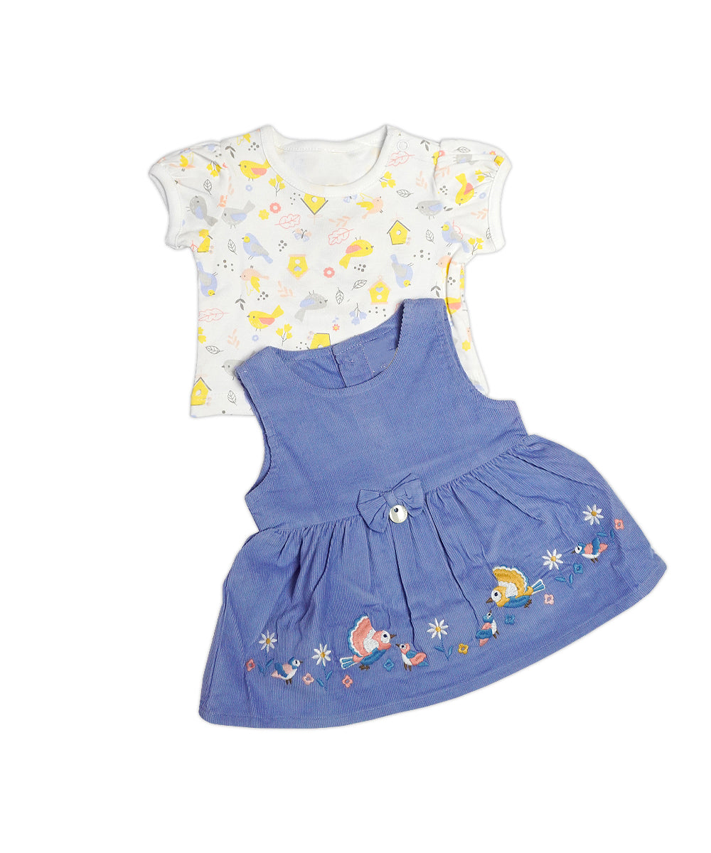 Charming Blue Pinafore Dress Set with Bird Embroidery