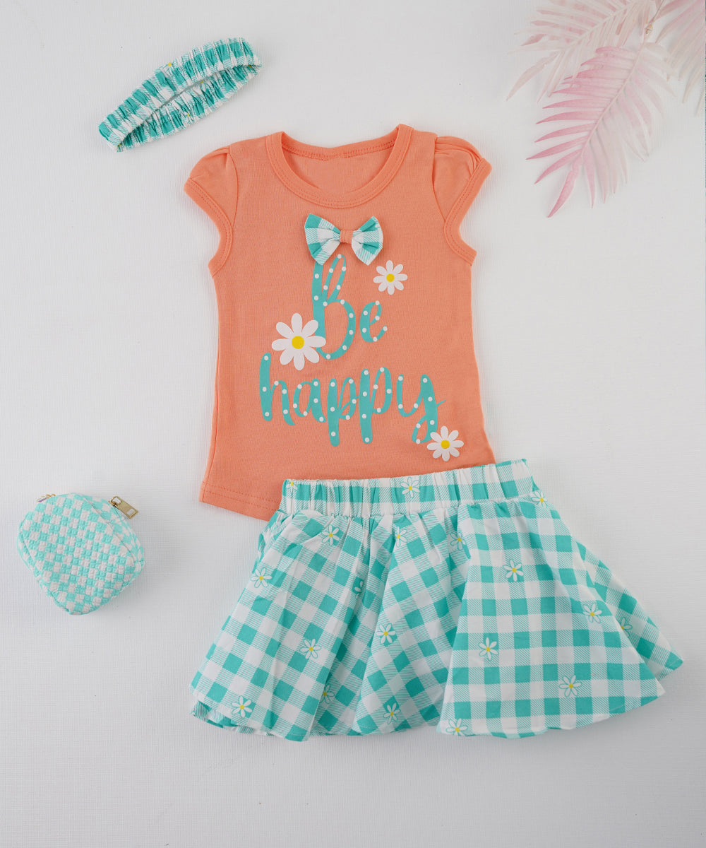 😊 Be Happy T-Shirt & Checkered Skirt Set 😊