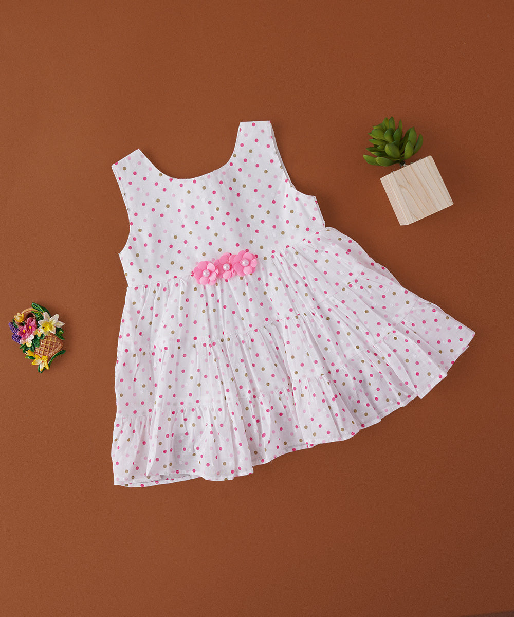 🎀 White Polka Dot Baby Frock with Pink Floral Waist Accent – Soft & Stylish