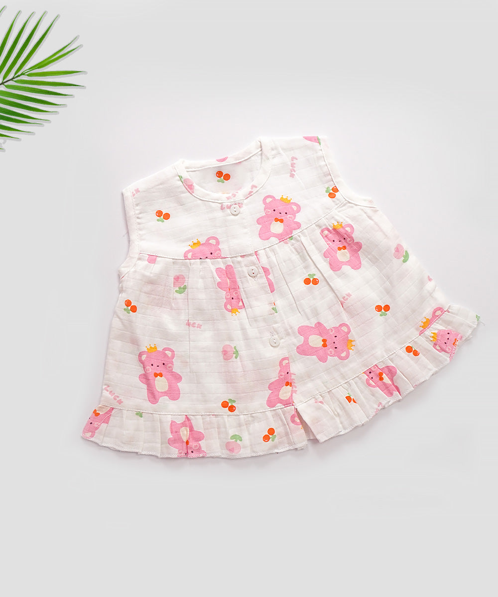 MuslinButton Frock Cute Teddy Print