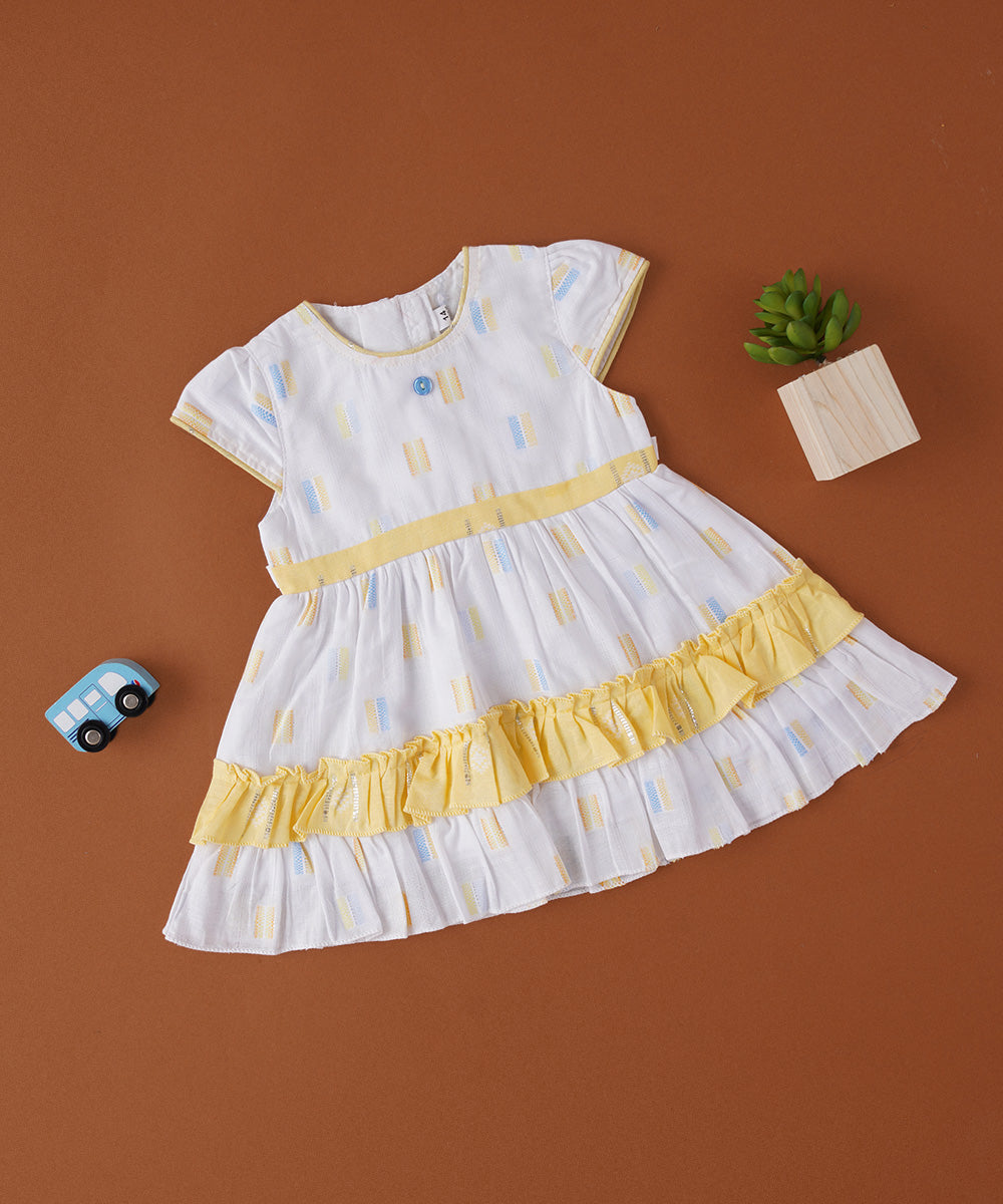 🌼 Yellow & White Baby Frock with Ruffle Detail – Breezy Summer Wear