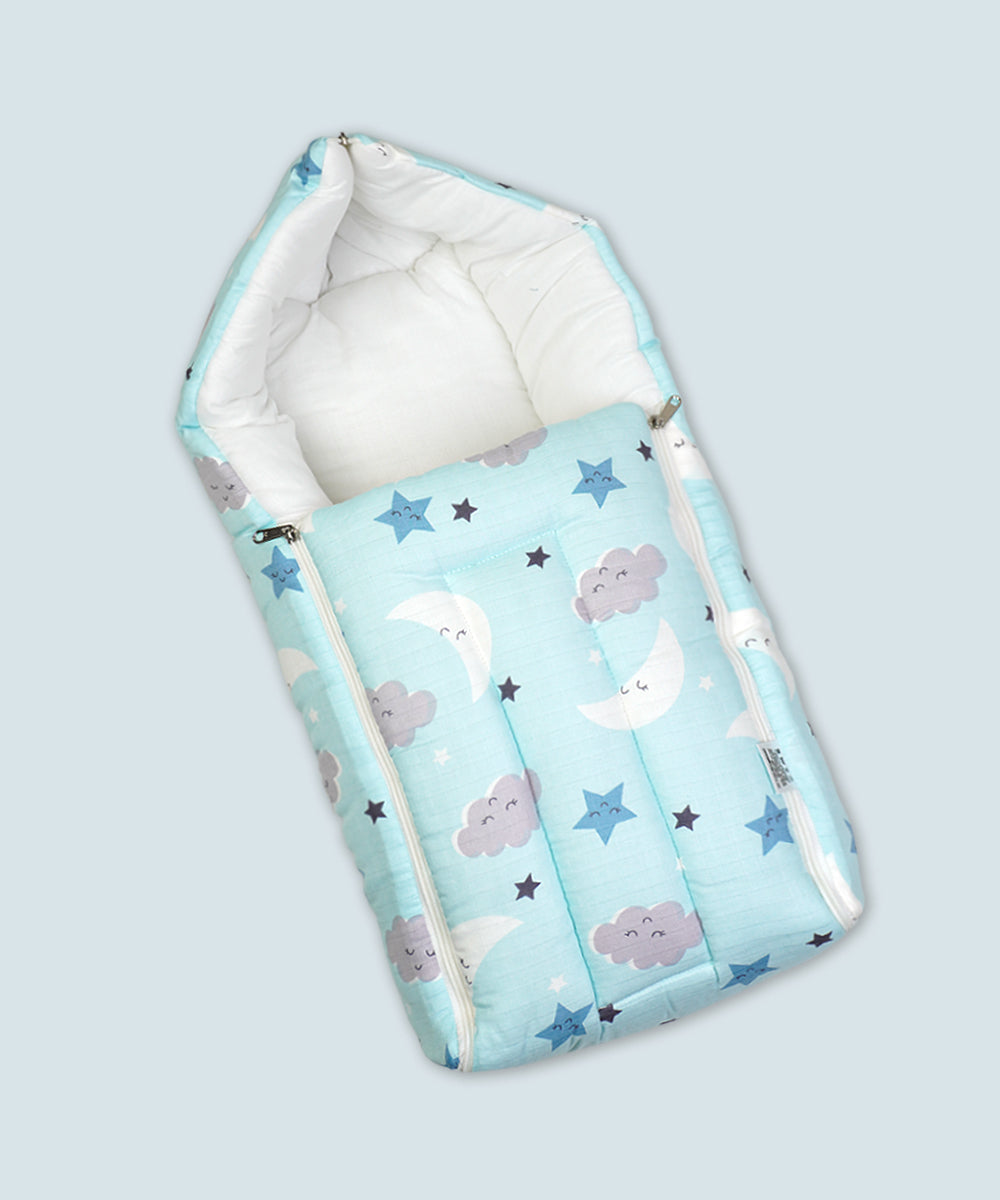 Soft Muslin Baby Carry Nest with Hood – Sky Blue with Moon & Star Print