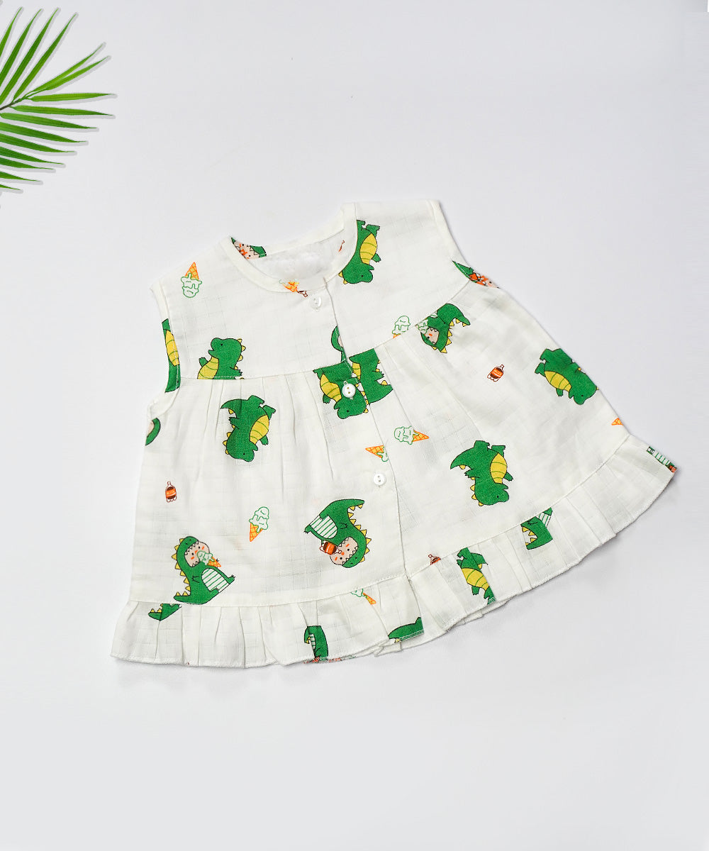 MuslinButton Frock Dinosaur Print