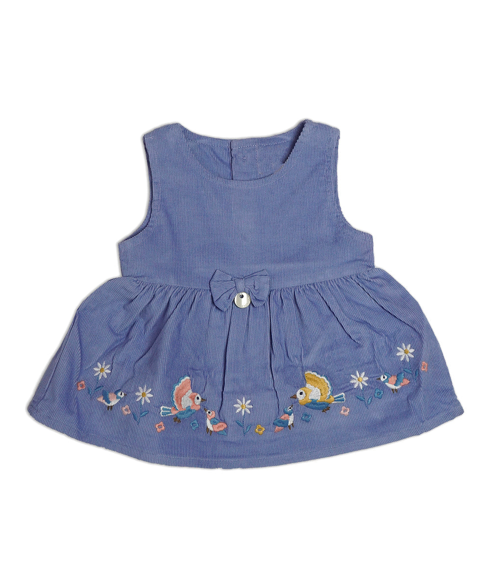 Charming Blue Pinafore Dress Set with Bird Embroidery
