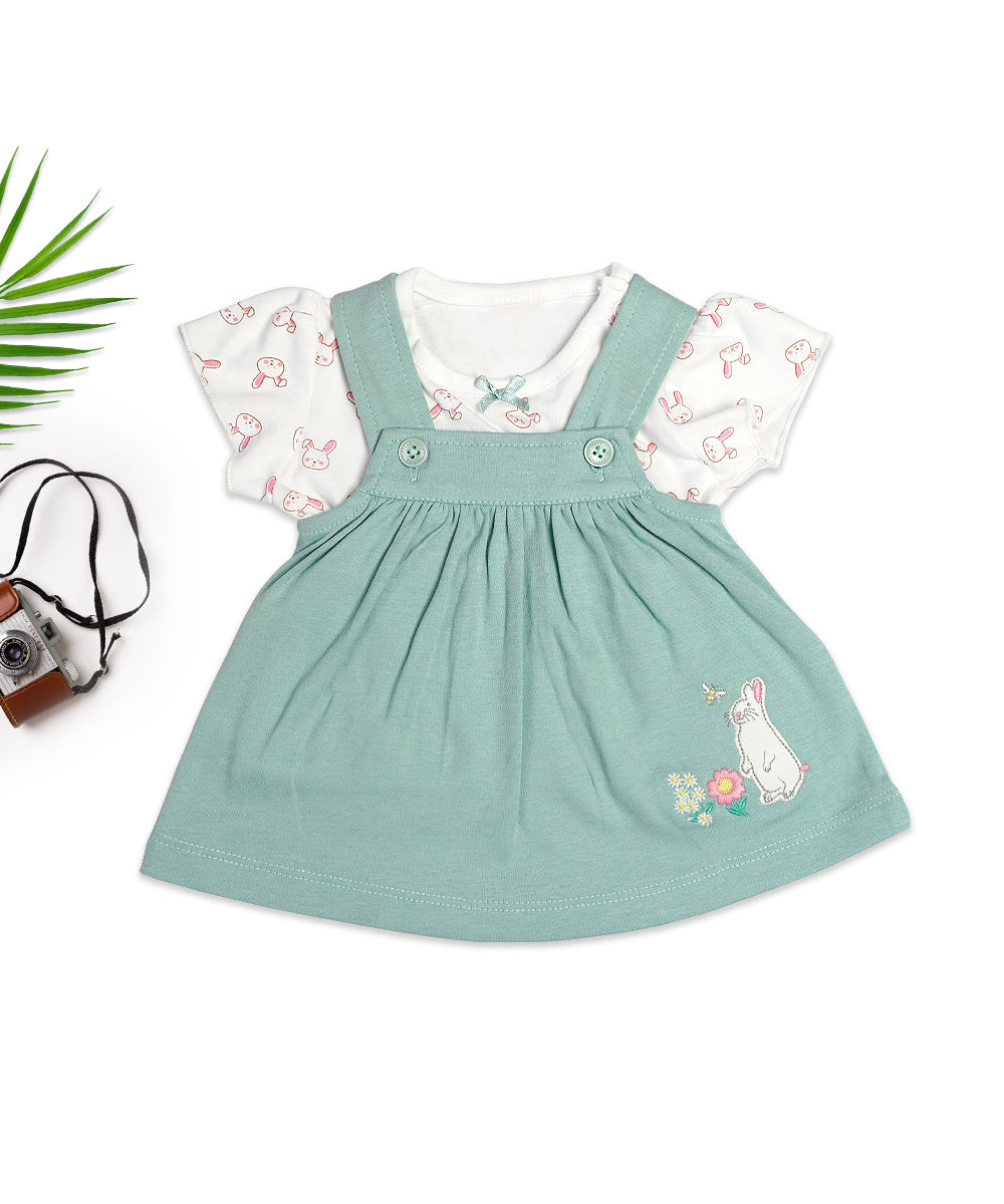 Mint Green Pinafore Dress Set with Bunny Embroidery