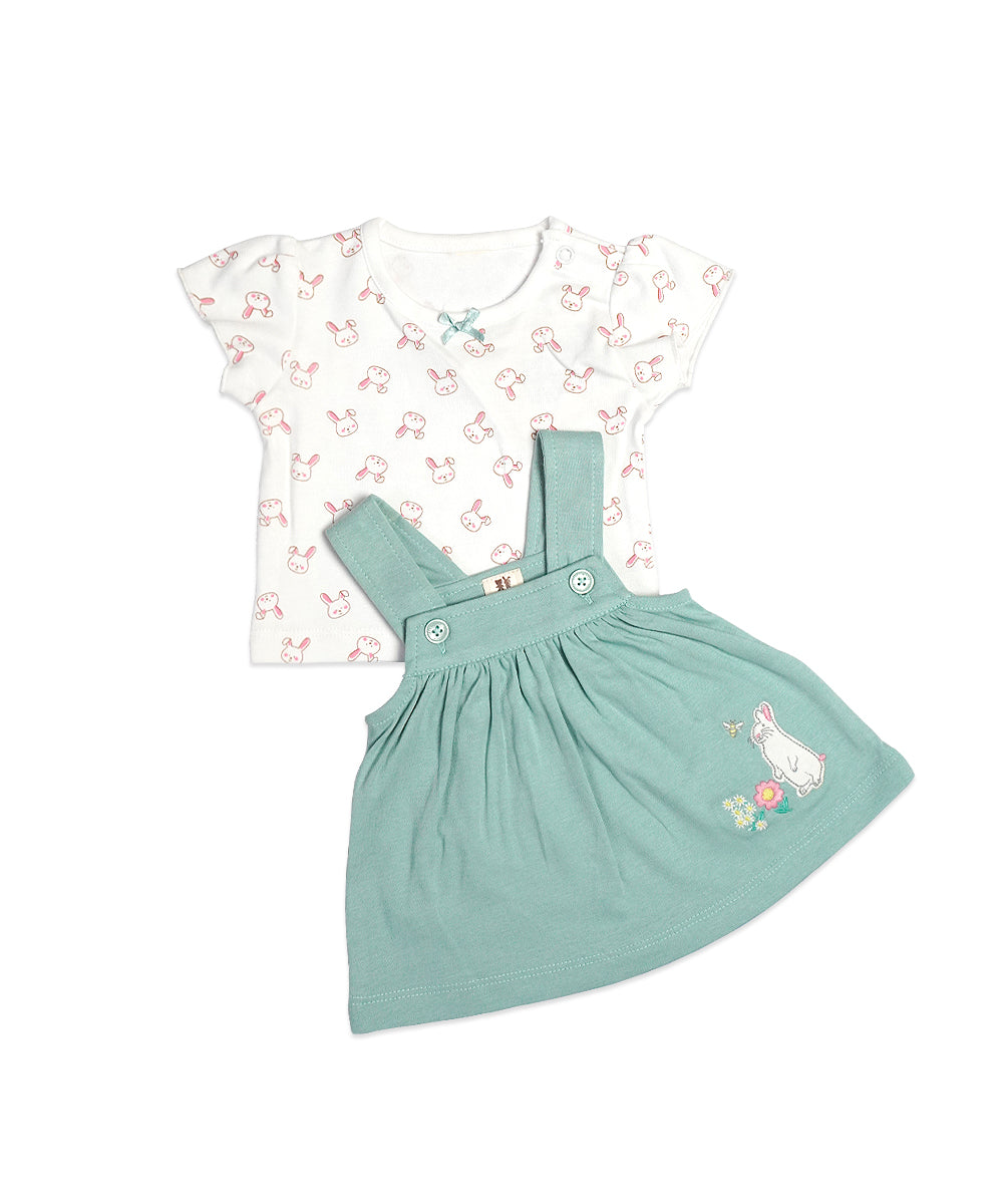Mint Green Pinafore Dress Set with Bunny Embroidery