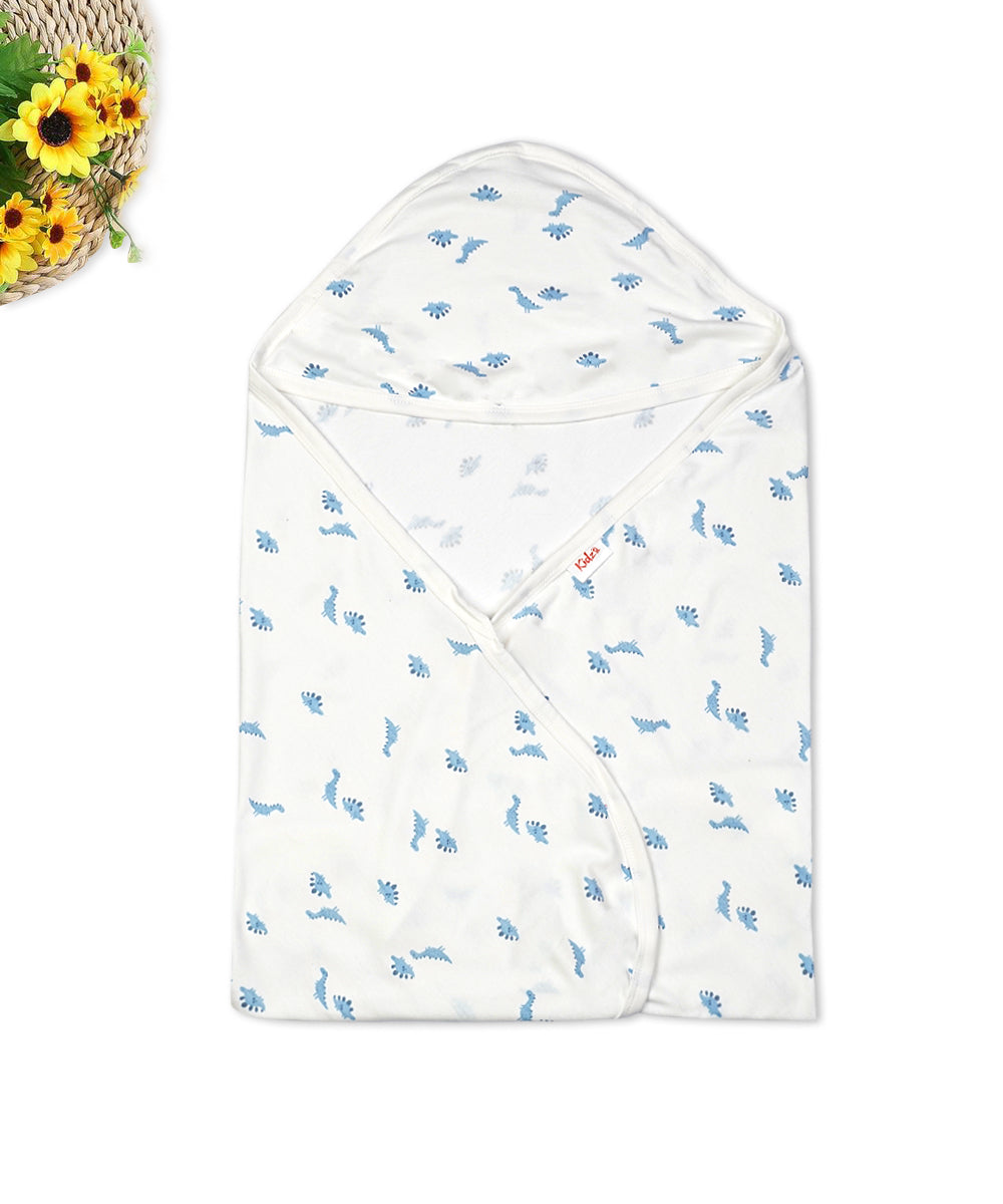 White Baby Wrapper with Blue Dino Prints and Hood