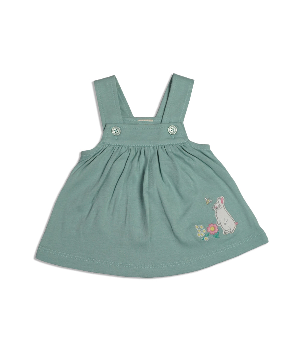 Mint Green Pinafore Dress Set with Bunny Embroidery