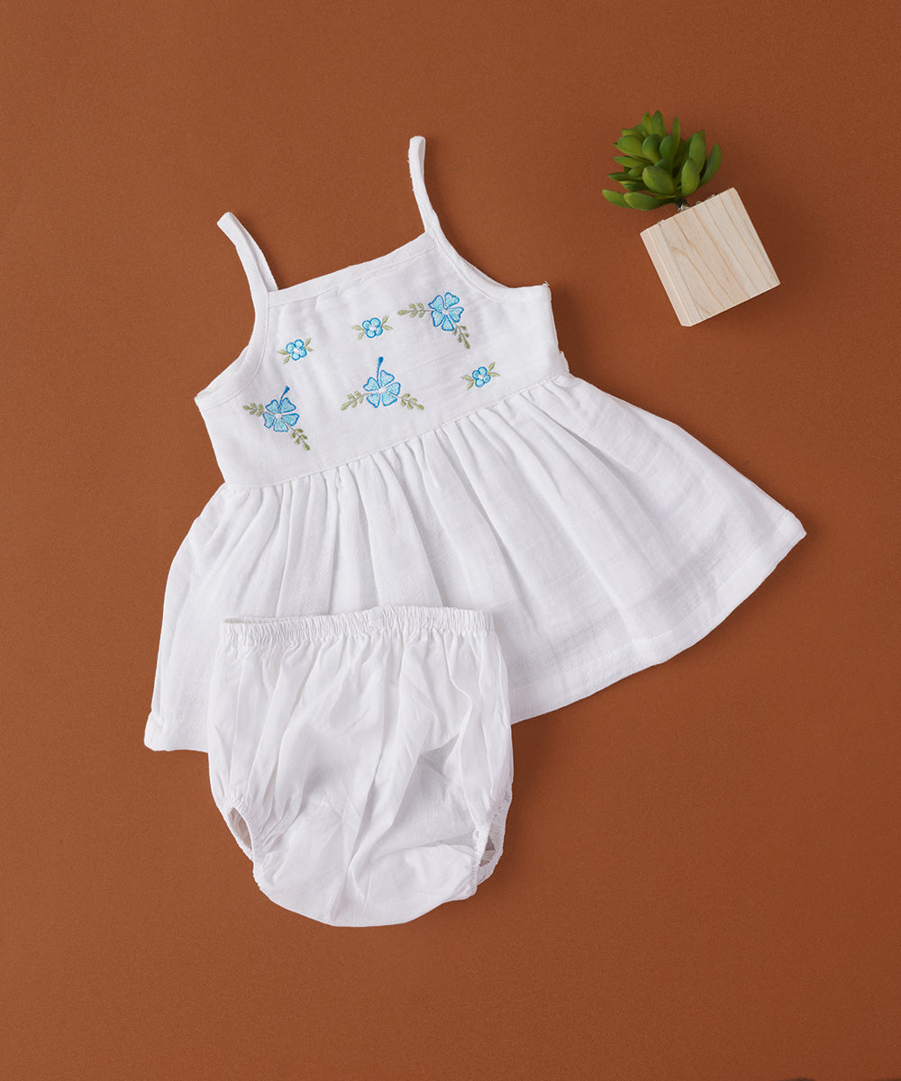 🌸 White Muslin Baby Frock with Blue Floral Embroidery & Bloomer Set
