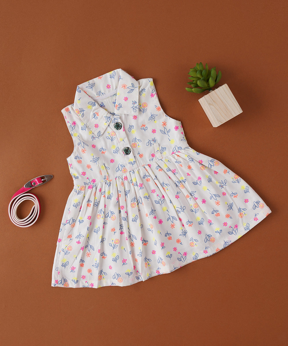 Sleeveless White Floral Frock with Collar – Soft Cotton