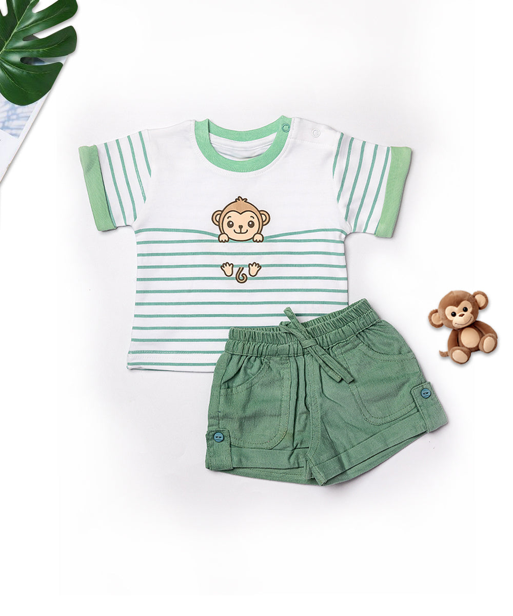 Striped Monkey T-Shirt & Green Shorts Set
