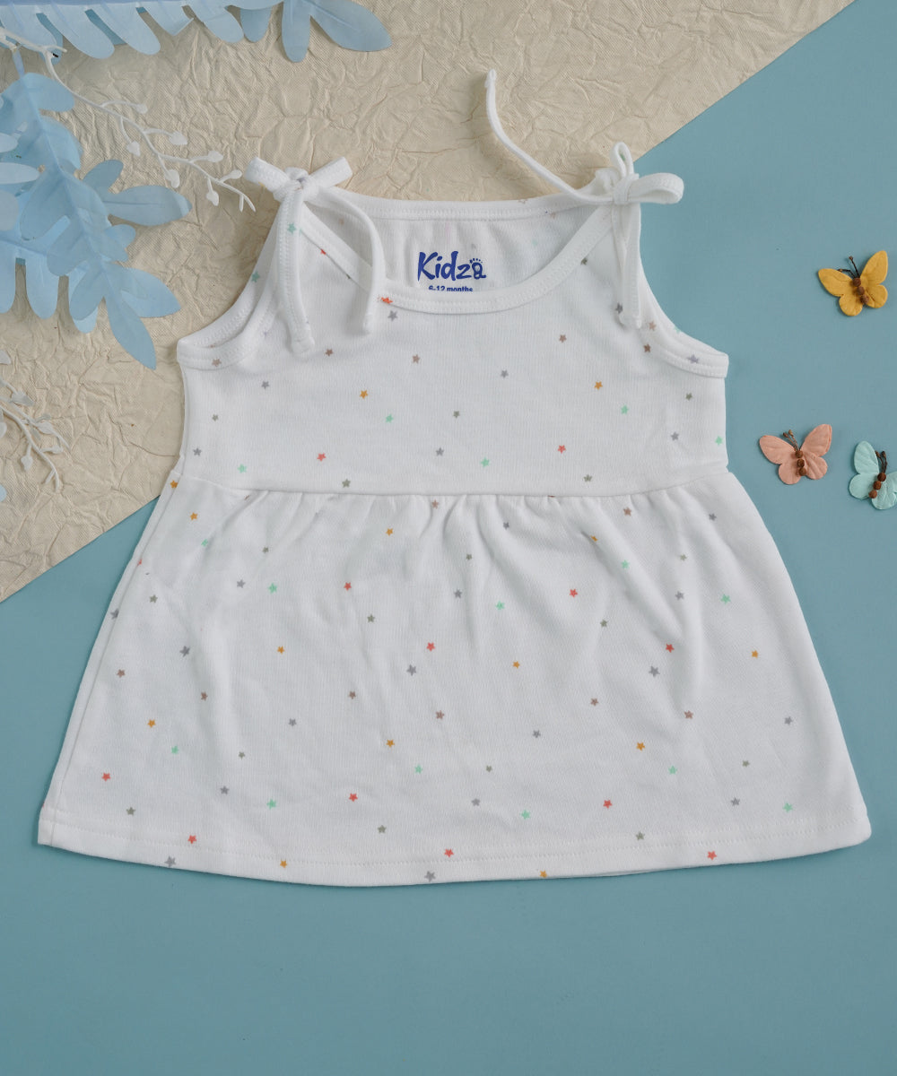 Baby Girls' White Multicolor Star Print Sleeveless Frock