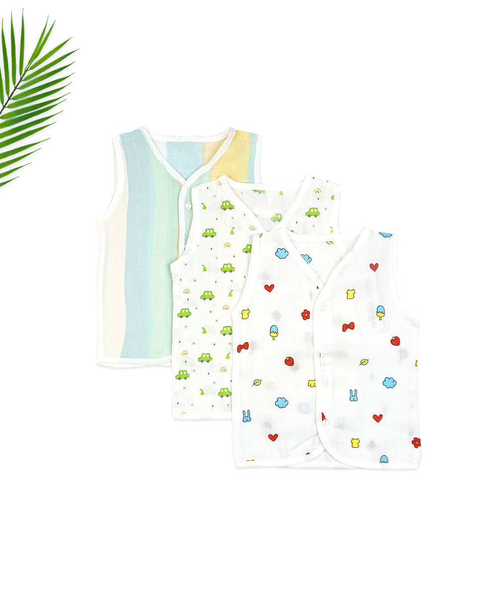 Muslin Sleeveless Jabla  for Newborns - Pack of 3 (Stripe, Car, and Fun Print Designs)