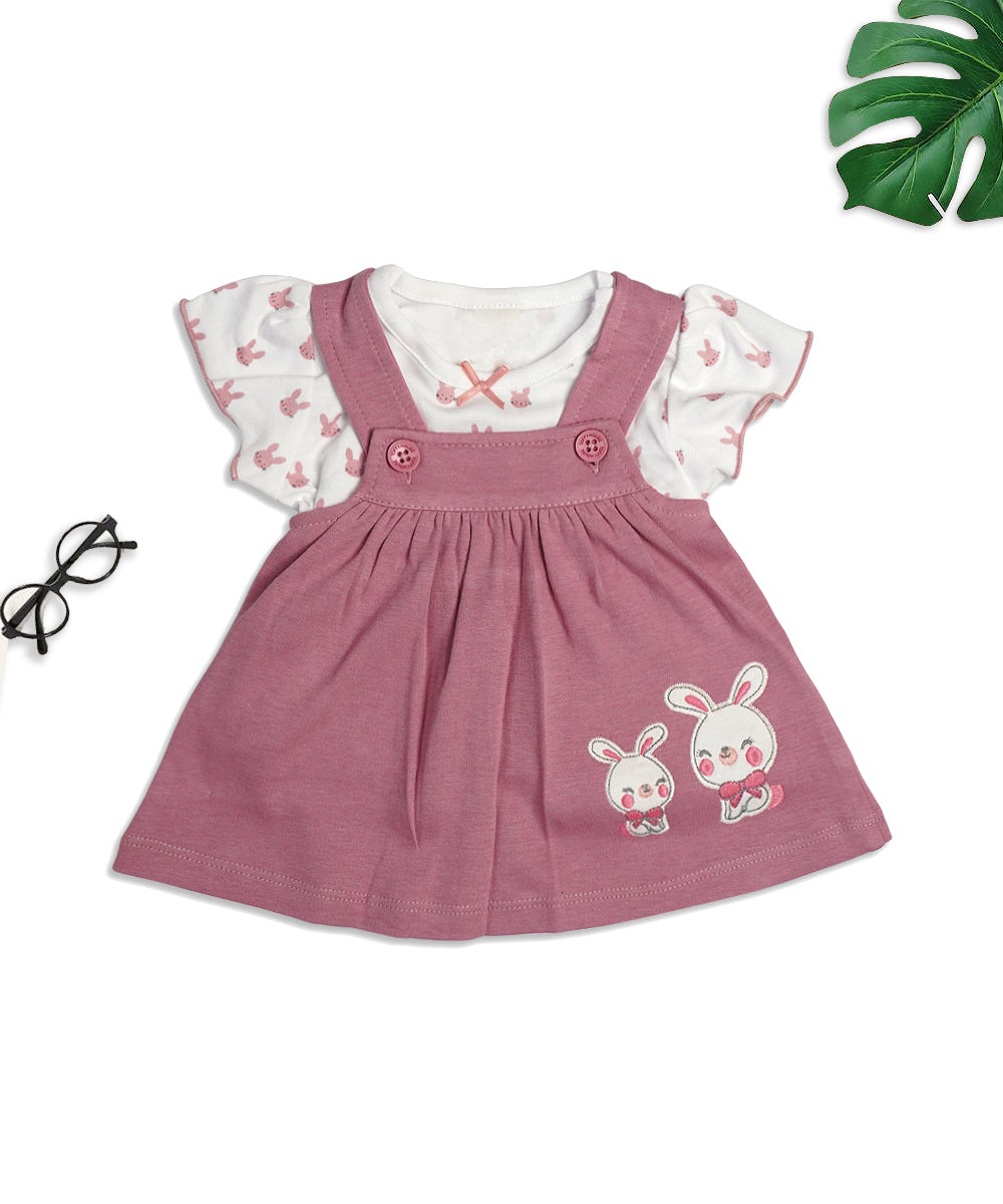 Mauve Pinafore Dress Set with Bunny Embroidery