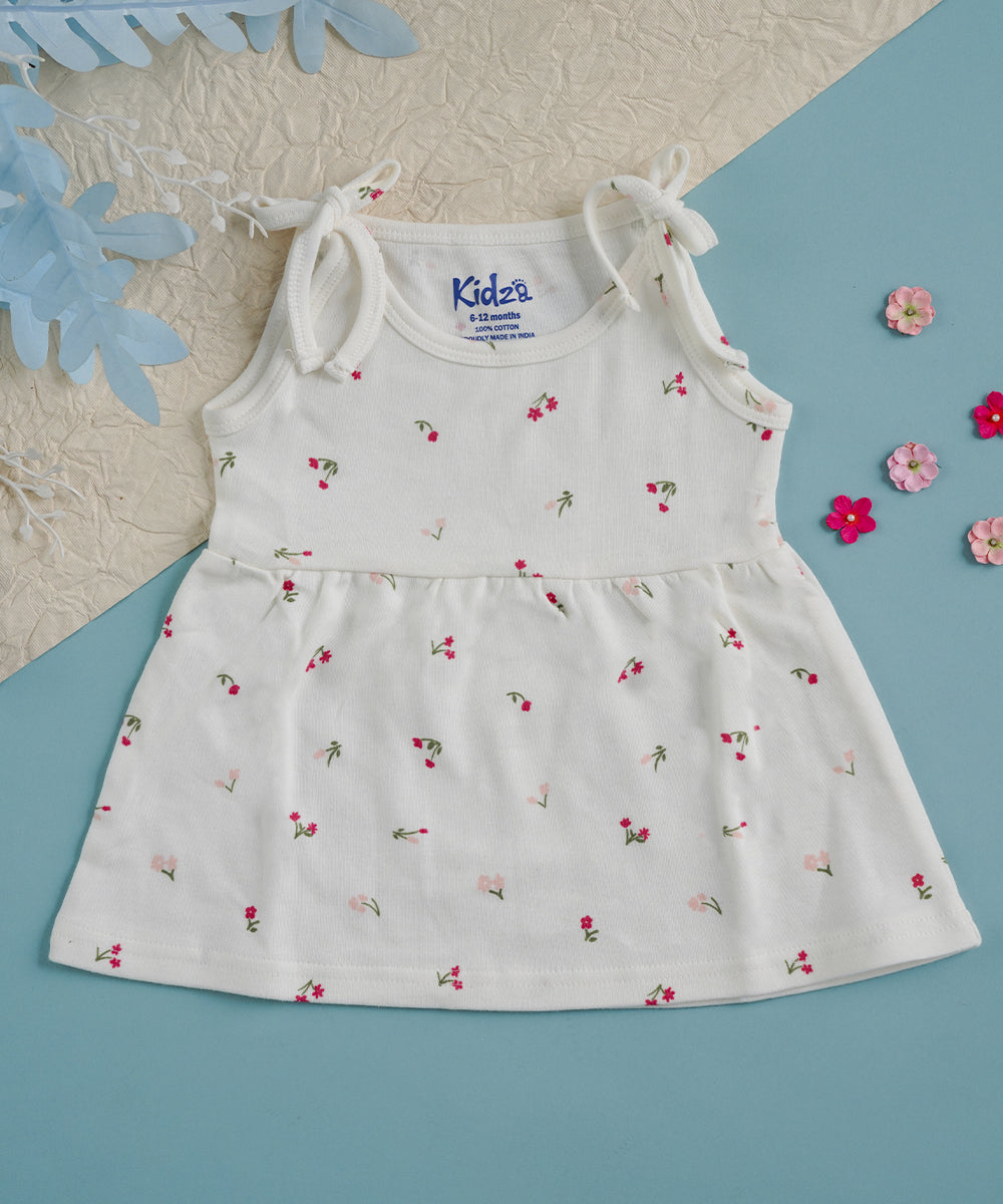 Baby Girls' White Floral Print Sleeveless Frock with Tie-Up Straps