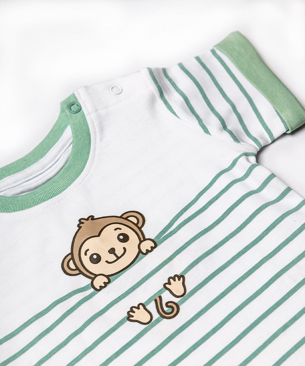 Striped Monkey T-Shirt & Green Shorts Set