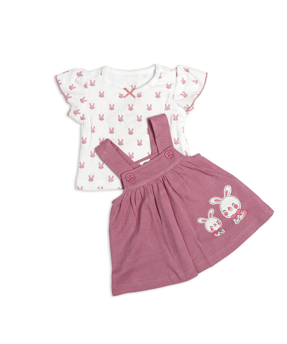 Mauve Pinafore Dress Set with Bunny Embroidery