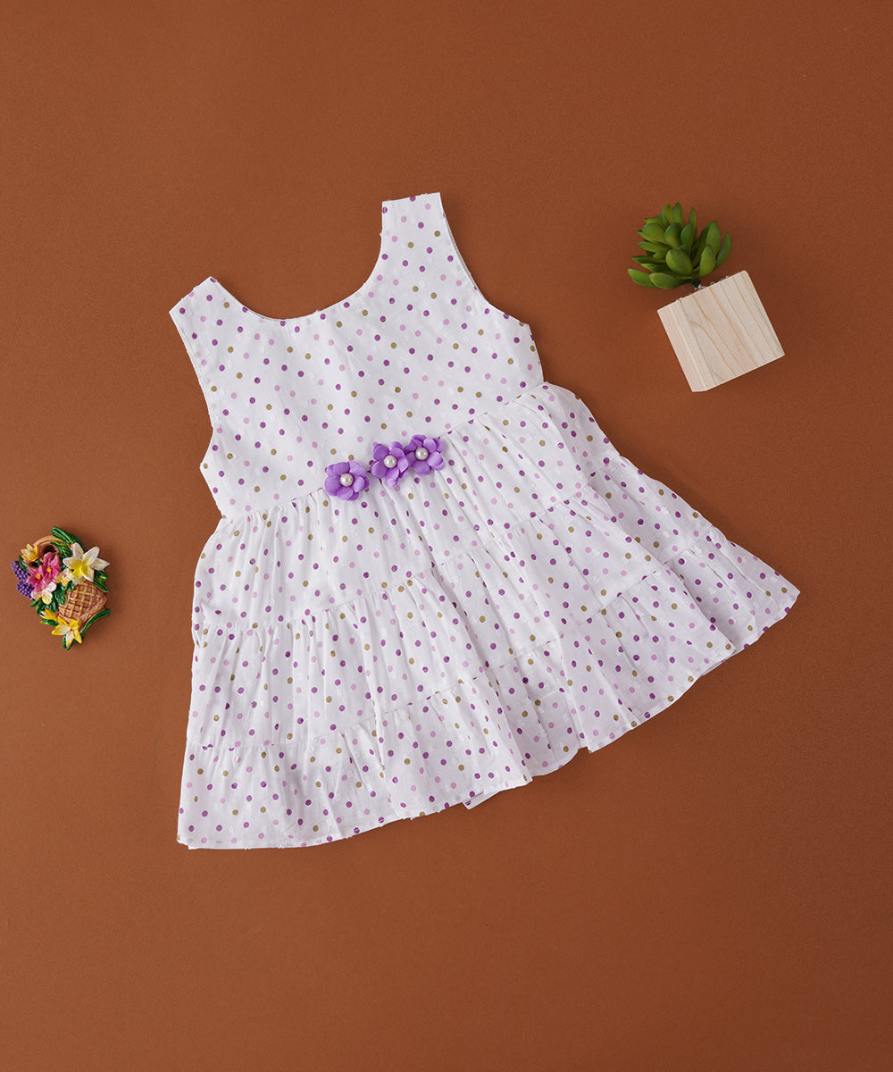 🌸 White Muslin Baby Frock with Purple Polka Dots & Floral Appliqué