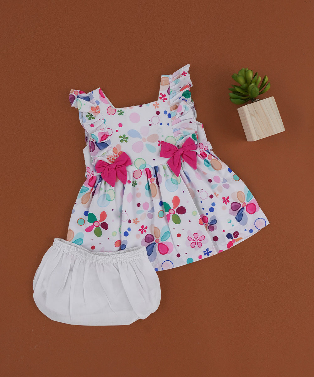 Multicolor Printed Frock with Bloomers – Bow Design 🎀🌈
