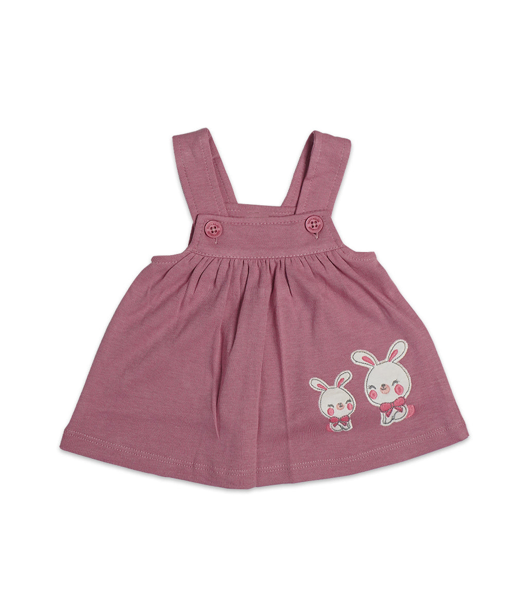 Mauve Pinafore Dress Set with Bunny Embroidery