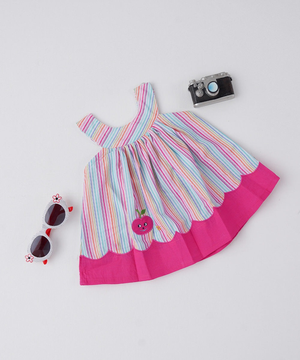 🍎 Rainbow Striped Muslin Baby Frock with Pink Apple Patch