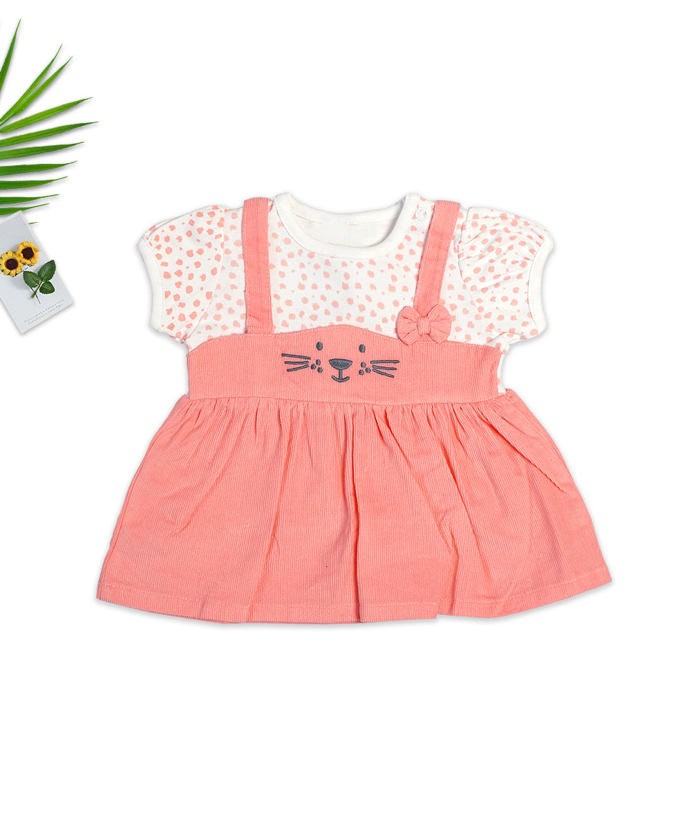 Peach Pinafore Dress Set with Whiskered Kitty Design