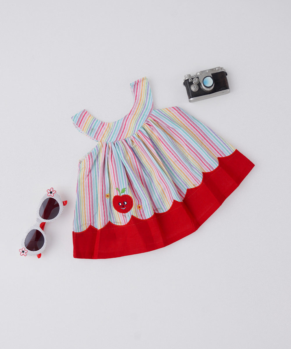 🍎 Happy Apple Rainbow Frock – Red Edition for Baby Girls