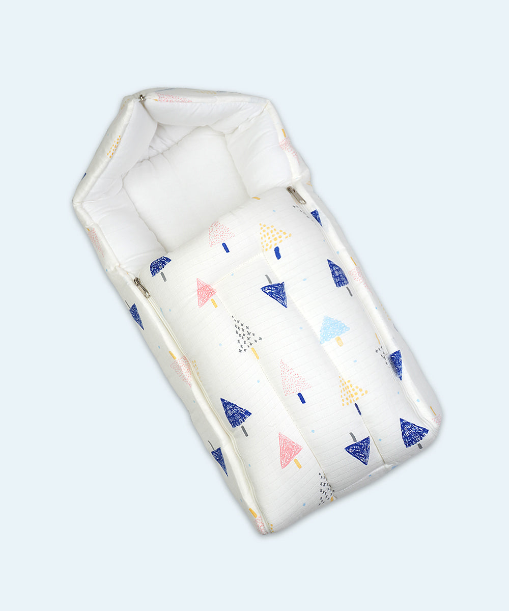 Soft Muslin Baby Carry Nest with Hood – White with Colorful Tree Print