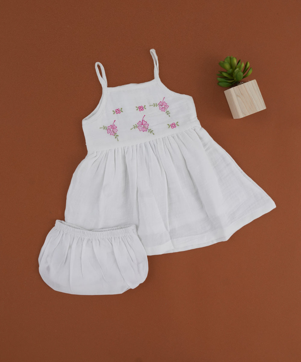 White Embroidered Frock with Bloomers – Spaghetti Strap Style 🌸🤍