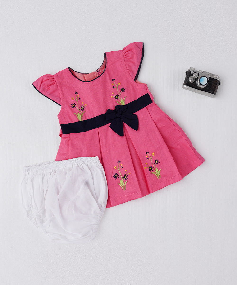 🌸 Pink Floral Embroidered Baby Frock with Bow & Bloomer
