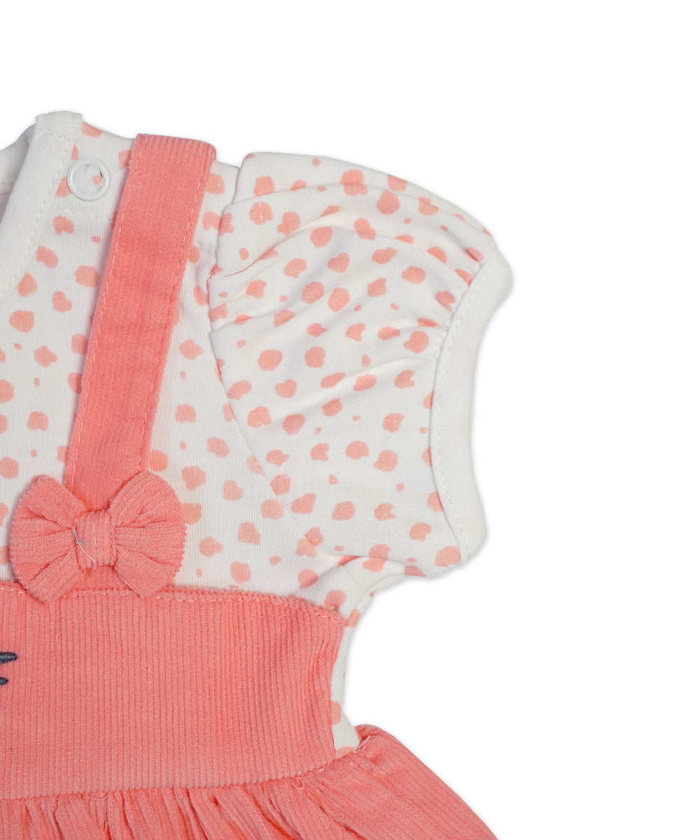 Peach Pinafore Dress Set with Whiskered Kitty Design
