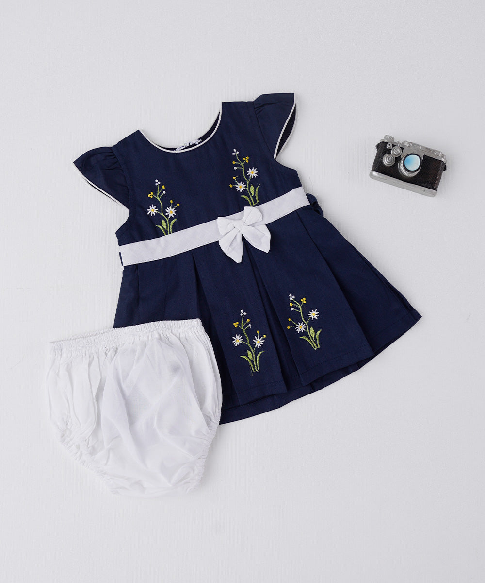🌼 Navy Blue Baby Frock with White Bow & Bloomer