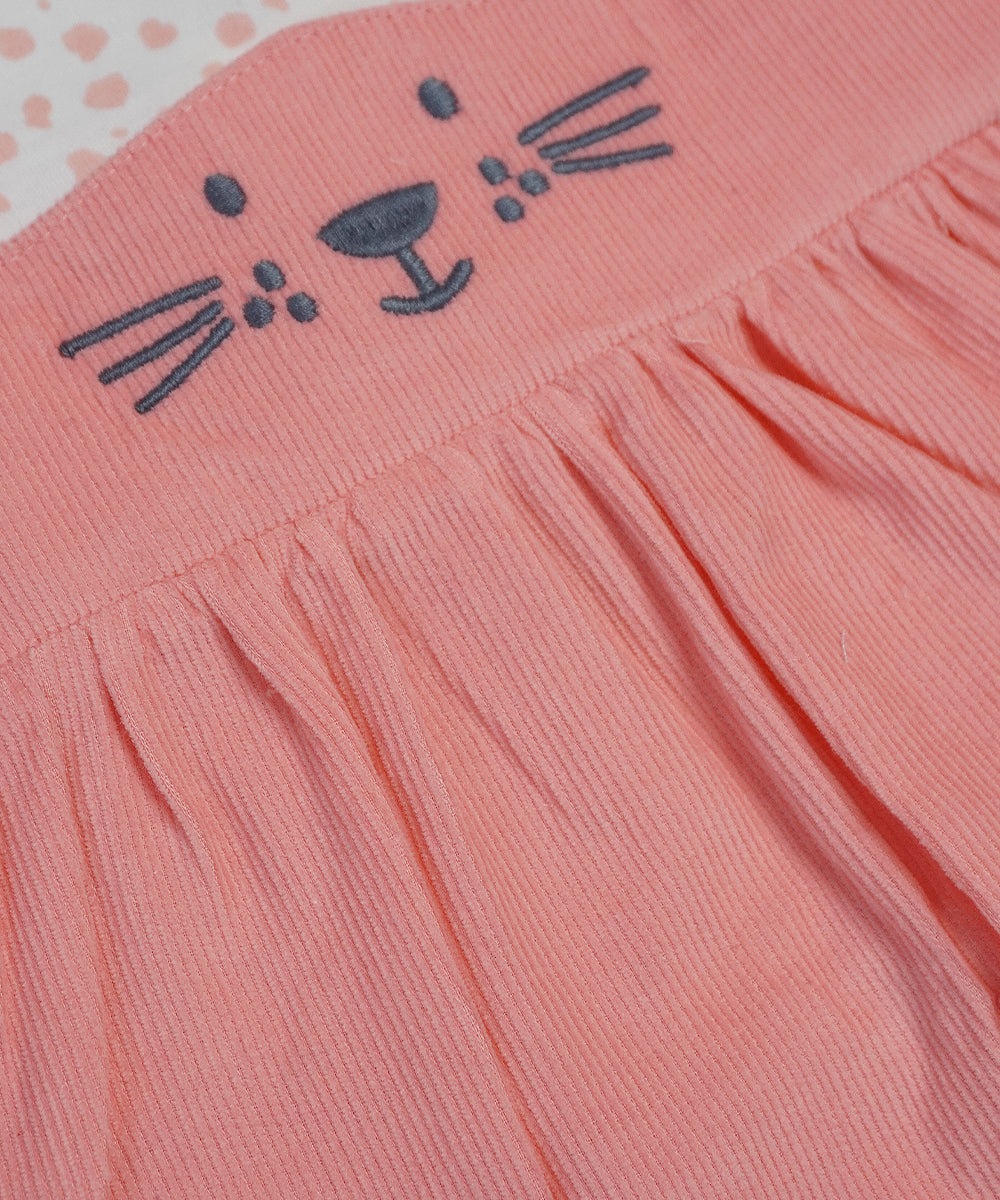 Peach Pinafore Dress Set with Whiskered Kitty Design