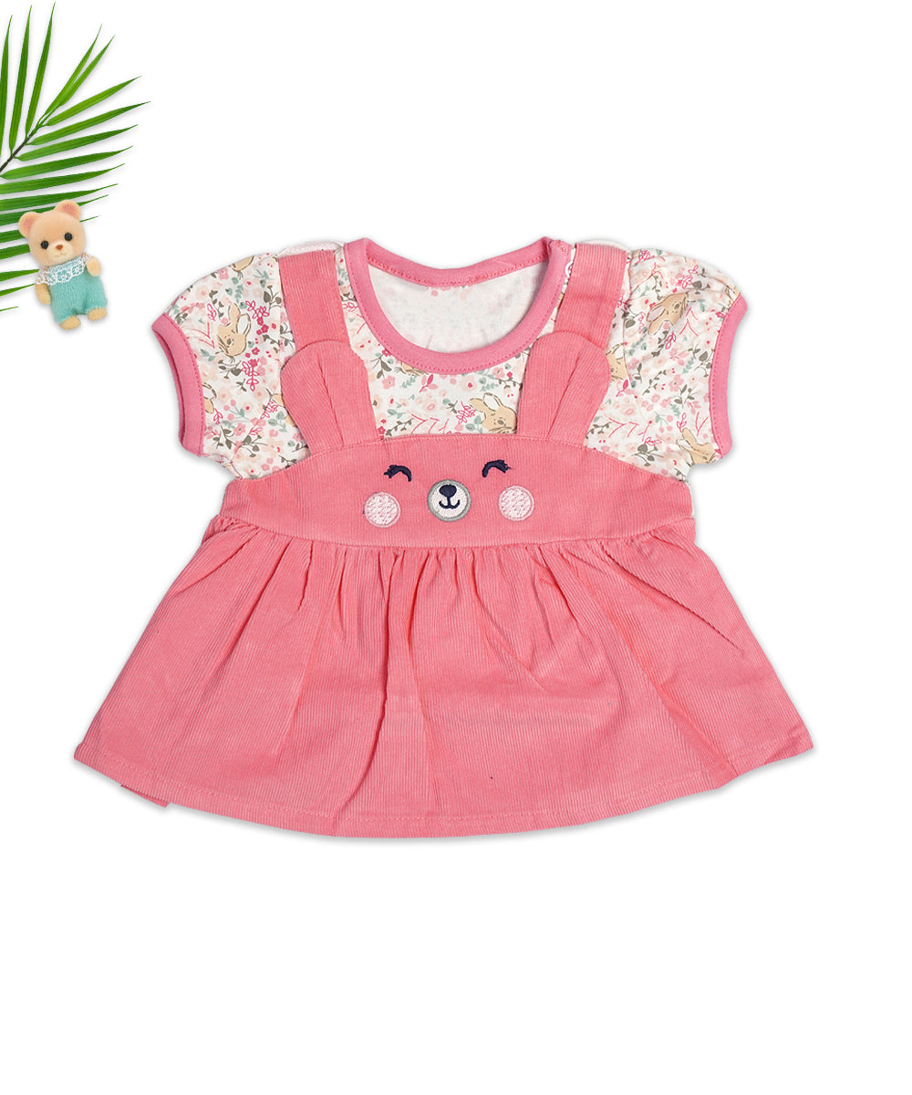 Pink Pinafore Dress Set with Cute Bear Design