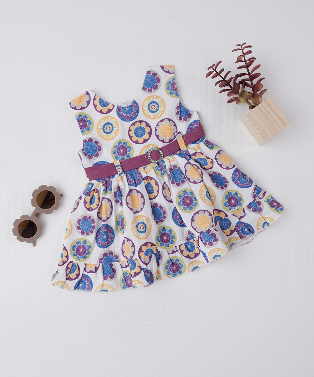 🌼 Colorful Floral Baby Frock with Maroon Belt