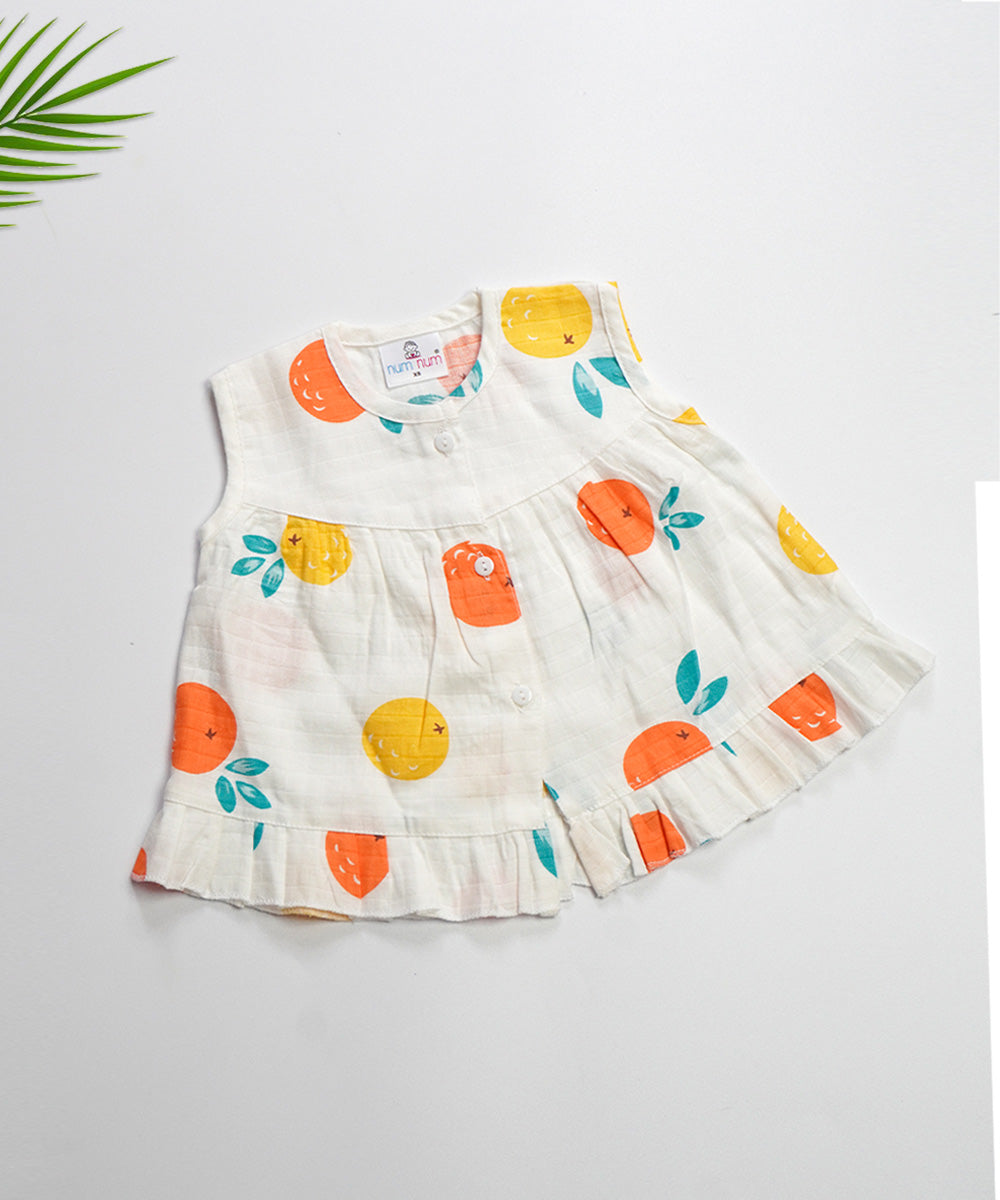 MuslinButton Frock Fruits Printed