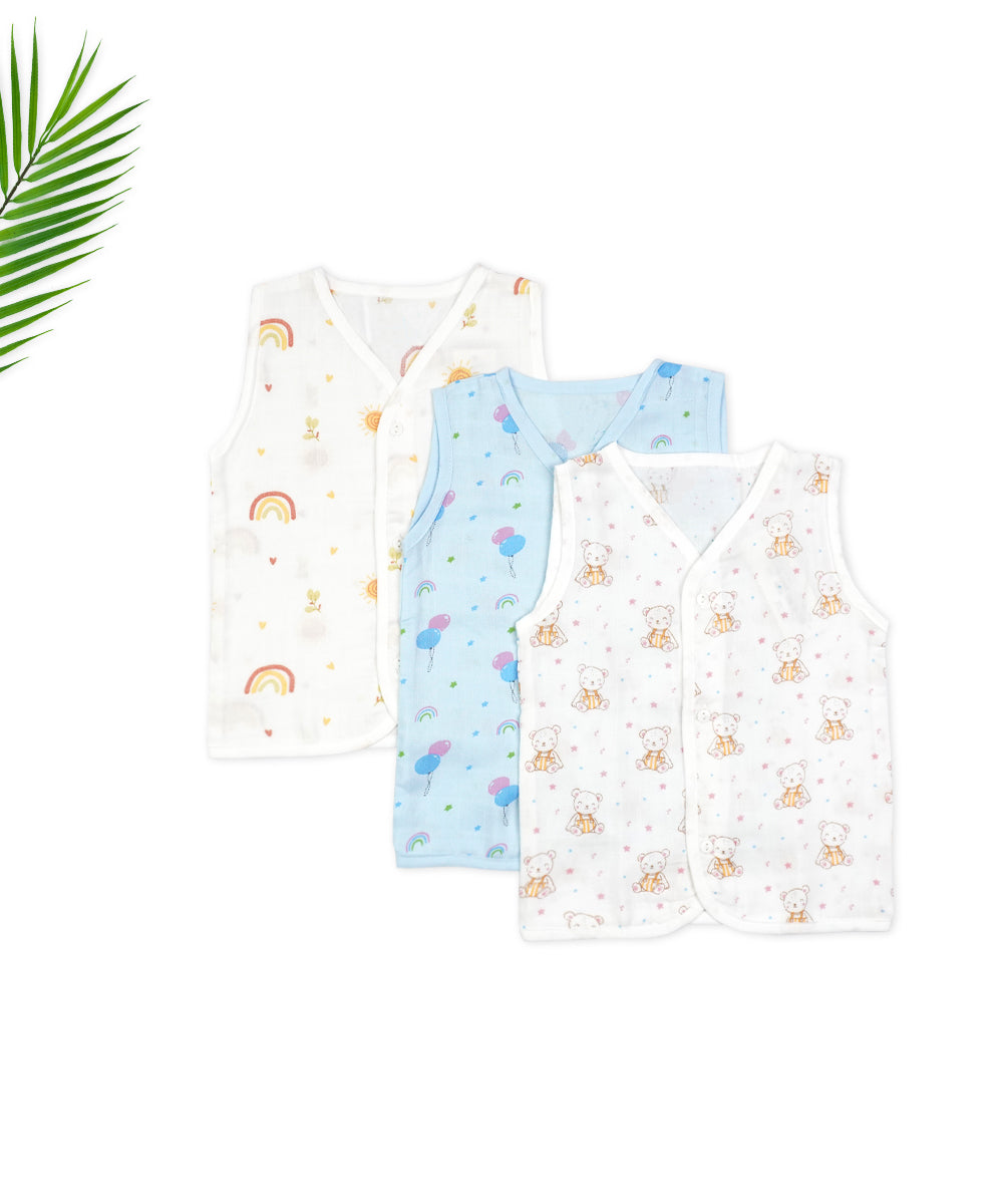 Muslin Sleeveless Jabla for Newborns - Pack of 3 (Rainbow, Balloon, and Teddy Bear Prints)