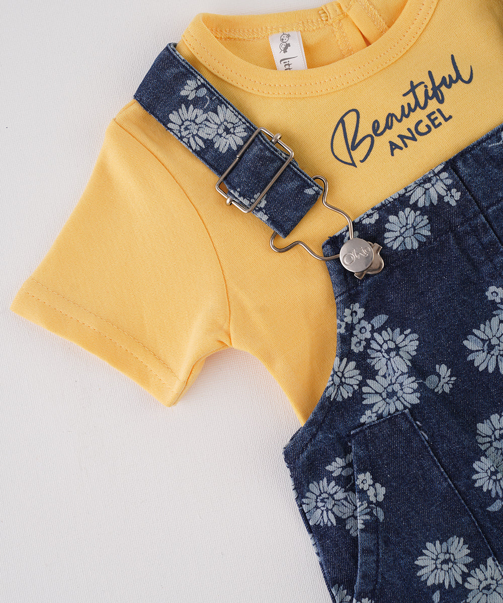 🌼 Yellow T-Shirt & Floral Dungaree Set 🌼