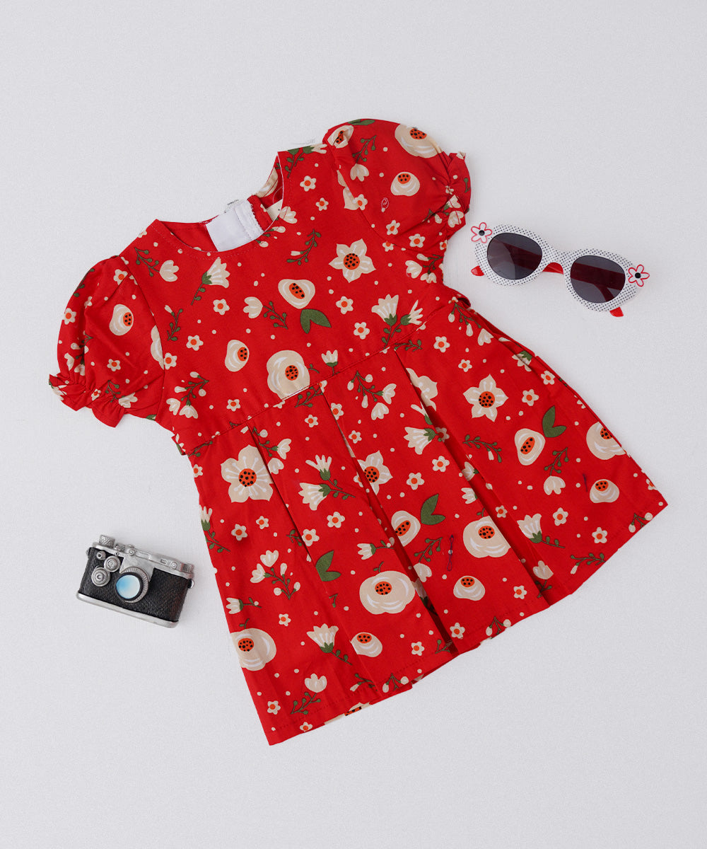❤️ Red Floral Baby Frock with Puff Sleeves