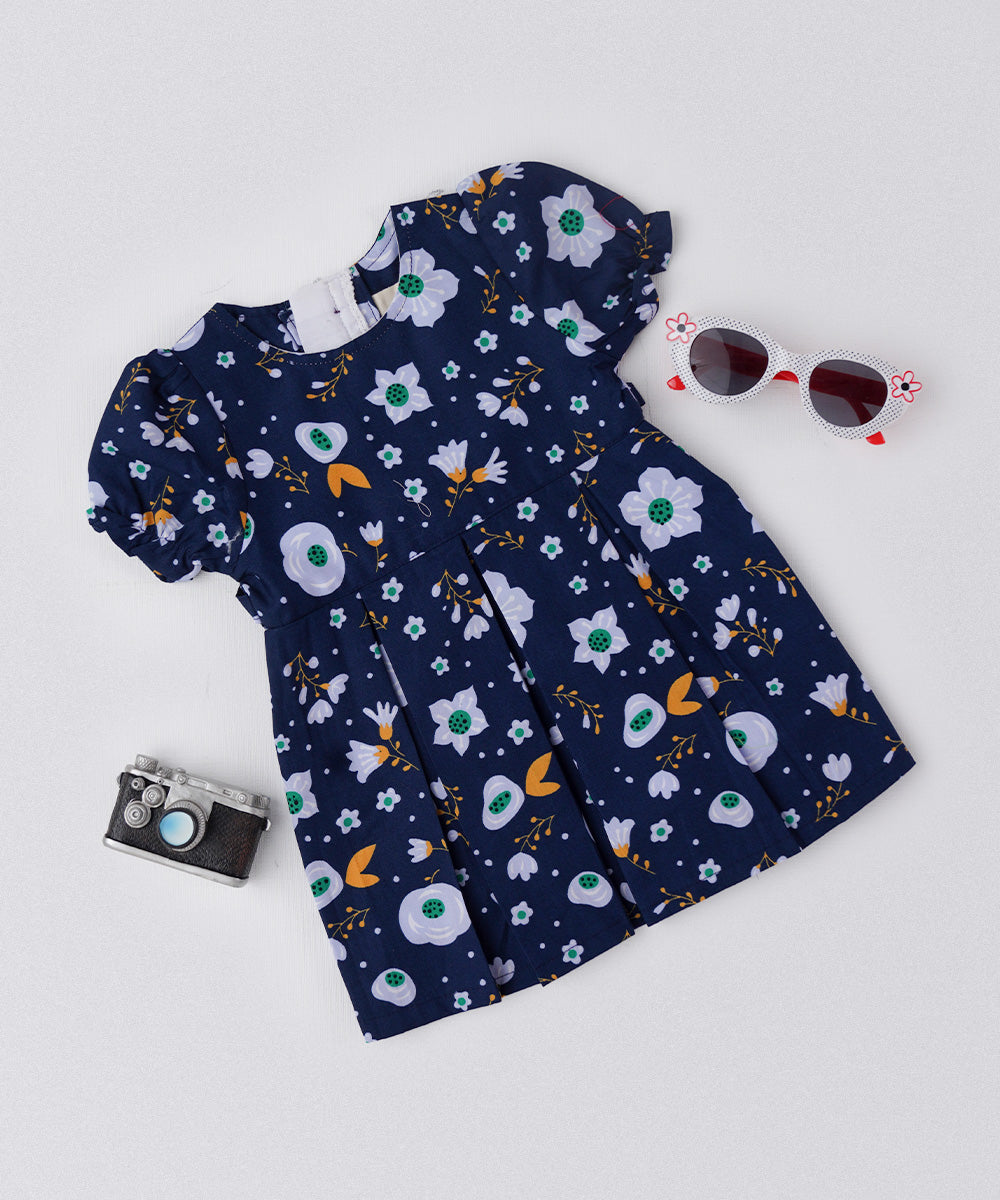 💙 Navy Blue Floral Baby Frock with Puff Sleeves