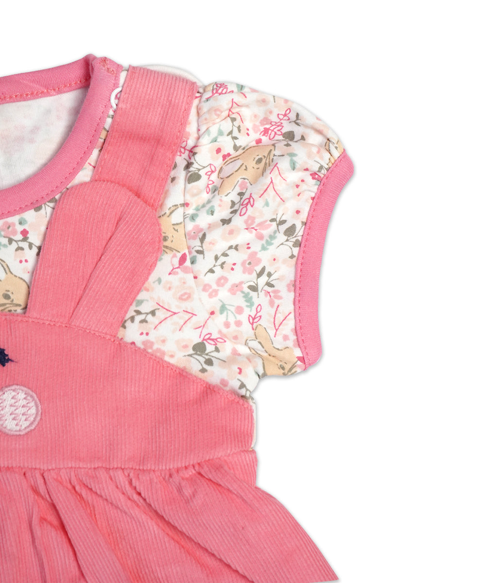 Pink Pinafore Dress Set with Cute Bear Design