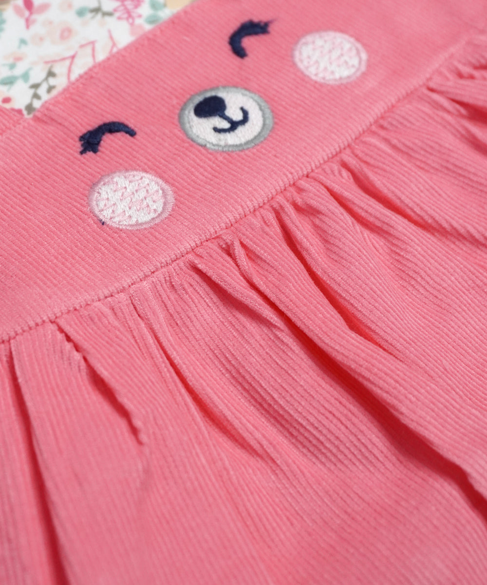 Pink Pinafore Dress Set with Cute Bear Design