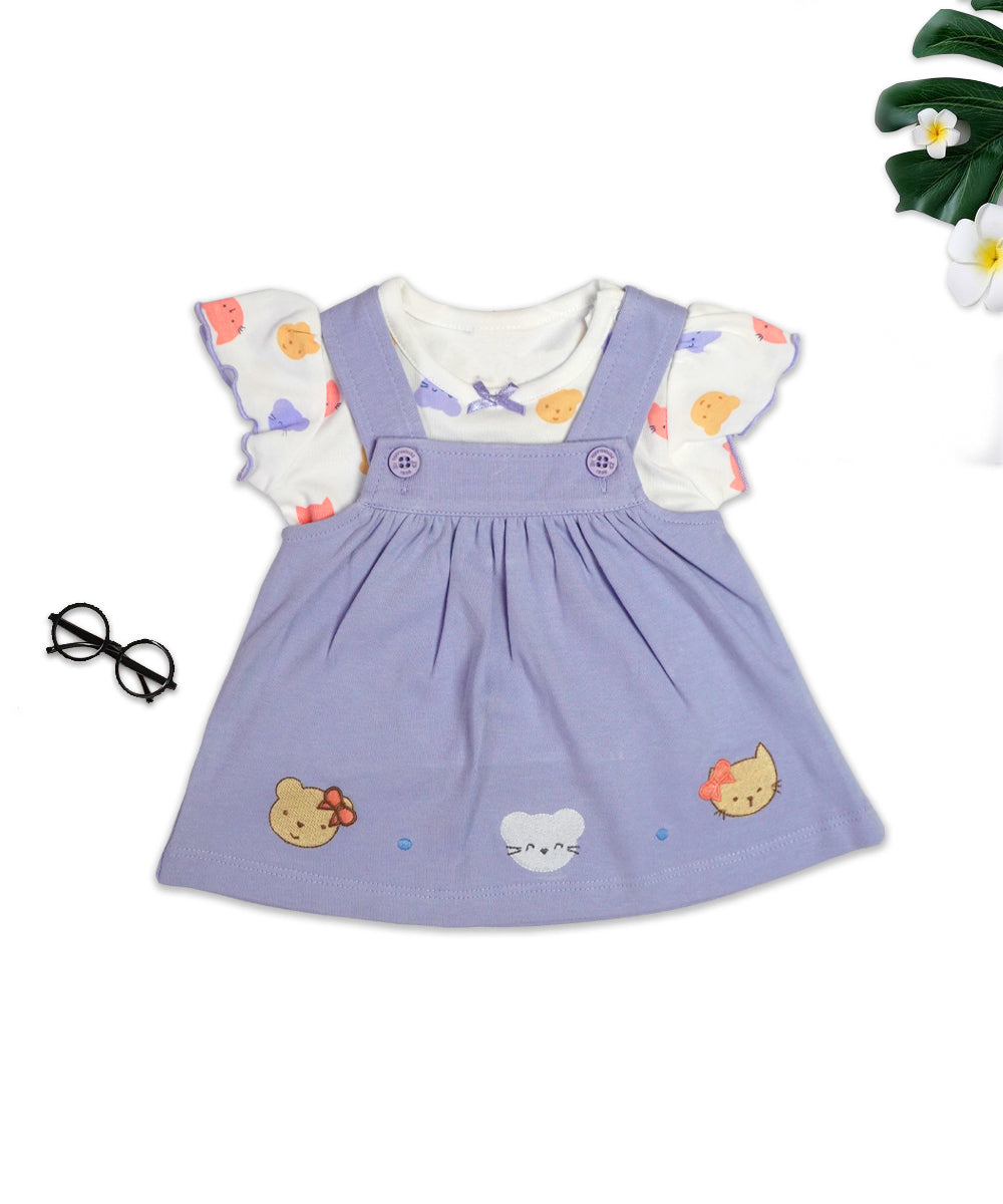 Lovely Lavender Pinafore Dress Set with Animal Embroidery