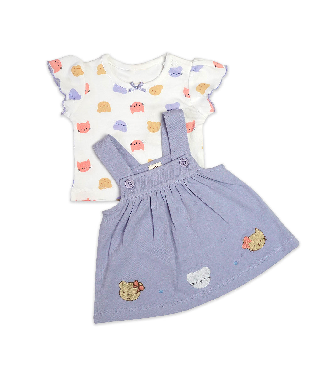 Lovely Lavender Pinafore Dress Set with Animal Embroidery