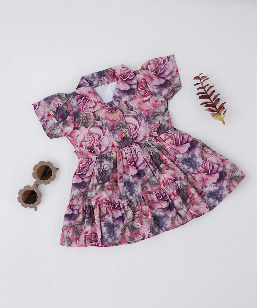 🌹 Pink Rose Collared Frock – Elegant Floral Charm for Babies
