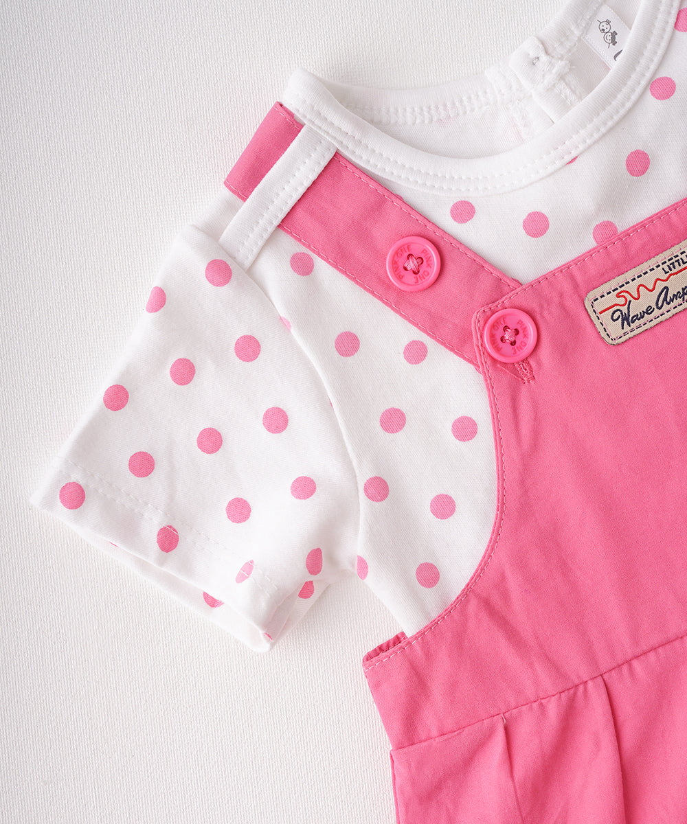 🌸 Pink Polka-Dot T-Shirt & Pink Dungaree Dress Set 🌸