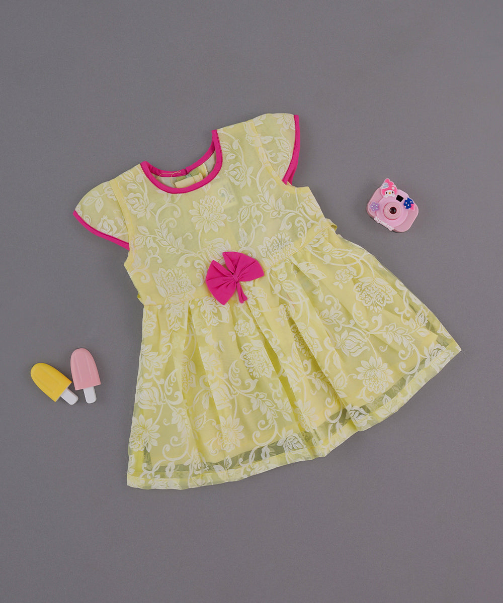 🌼 Yellow Floral Net Frock with Pink Bow – Baby Girl Special