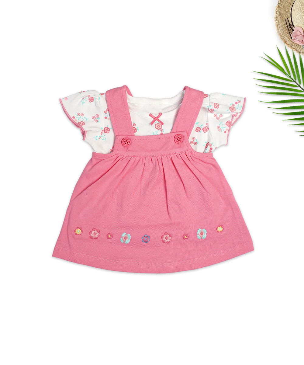 Pink Pinafore Dress Set with Floral Embroidery