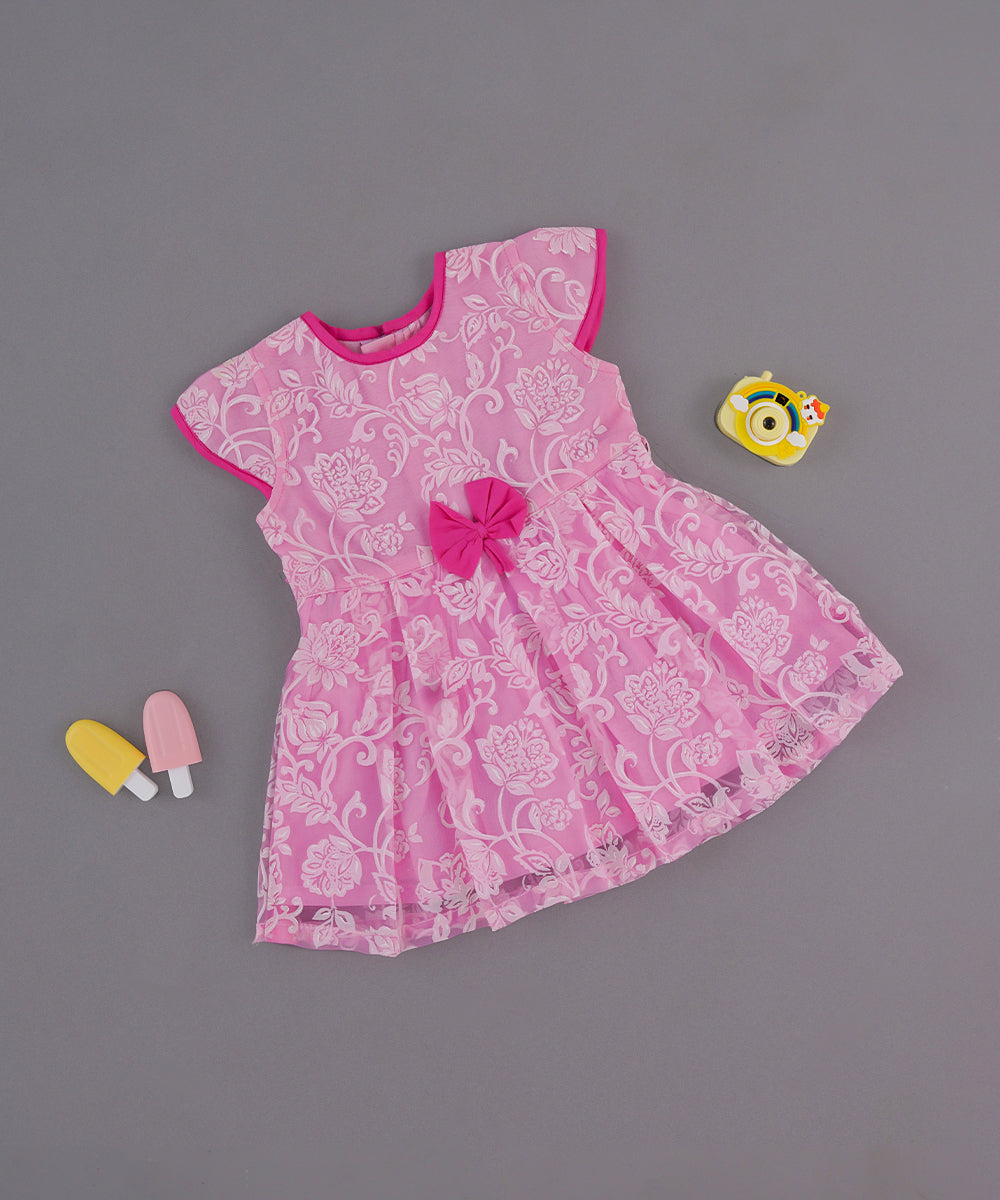 💗 Pink Floral Net Frock with Elegant Bow – Baby Girl Edition